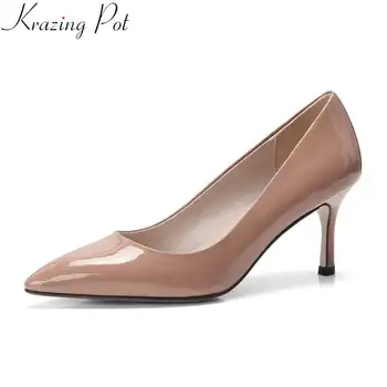

Krazing Pot 2020 shoes woman cow leather pointed toe shallow high heels slip on wedding shoes office lady dating mujer pumps L15