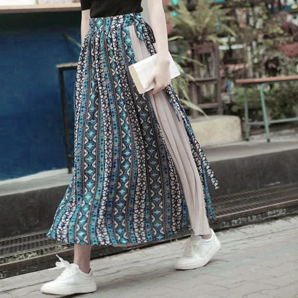 Women Fashion Chiffon Print Patchwork Bandage Wrap Pleated Skirt Long Skirt Chiffon Lace-Up Skirt Harajuku Print W411 Women Fashion Chiffon Print Patchwork Bandage Wrap Pleated Skirt Long Skirt Chiffon Lace-Up Skirt Harajuku Print W411