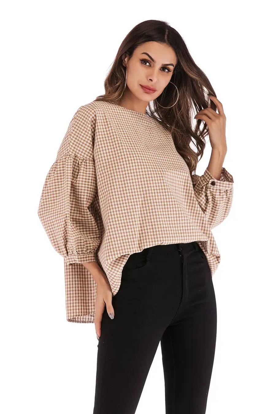 Gladiolus New 2019 Spring Plaid Shirt Women Puff Sleeve O Neck Button Loose Blouse Women Shirts Summer Casual Ladies Shirt Tops (24)