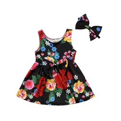 Маленьких Обувь для девочек одежда с цветочным принтом цветочный Выходные туфли на выпускной бал платье с бантом + повязка на голову