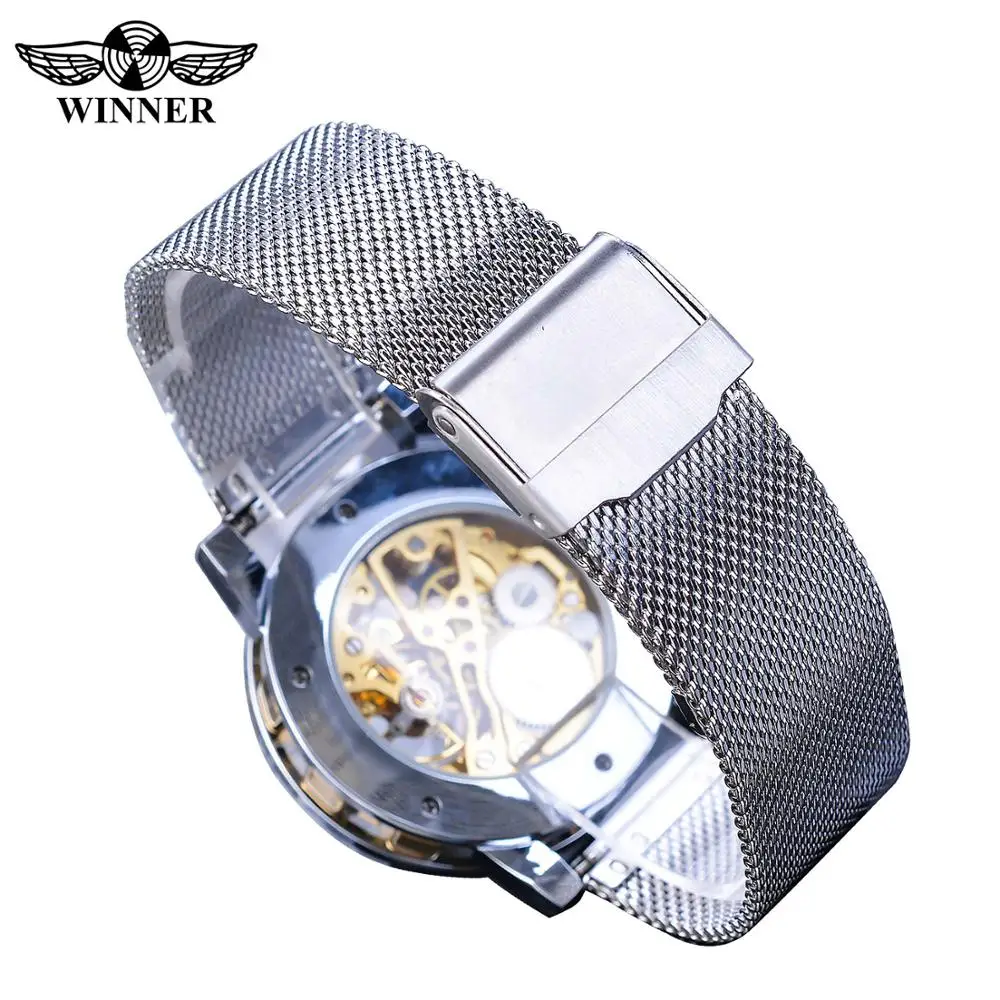 Mechanical Watch Winner Casual Mechanical Watches For Men Golden Roman Fashion Stainless Steel Belt Mesh Strap Wristwatch Clock Relogio Masculino