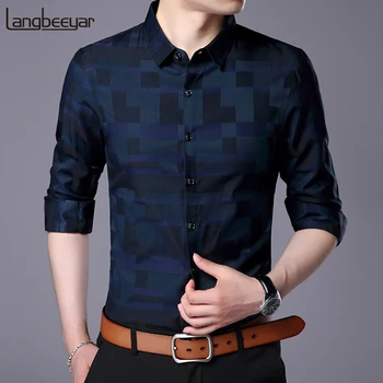 

2020 Fashion Brand Shirt For Men Button Up Plaid Korean Slim Fit Streetwear Long Sleeve Checkered Dress Shirt Mens Clothing