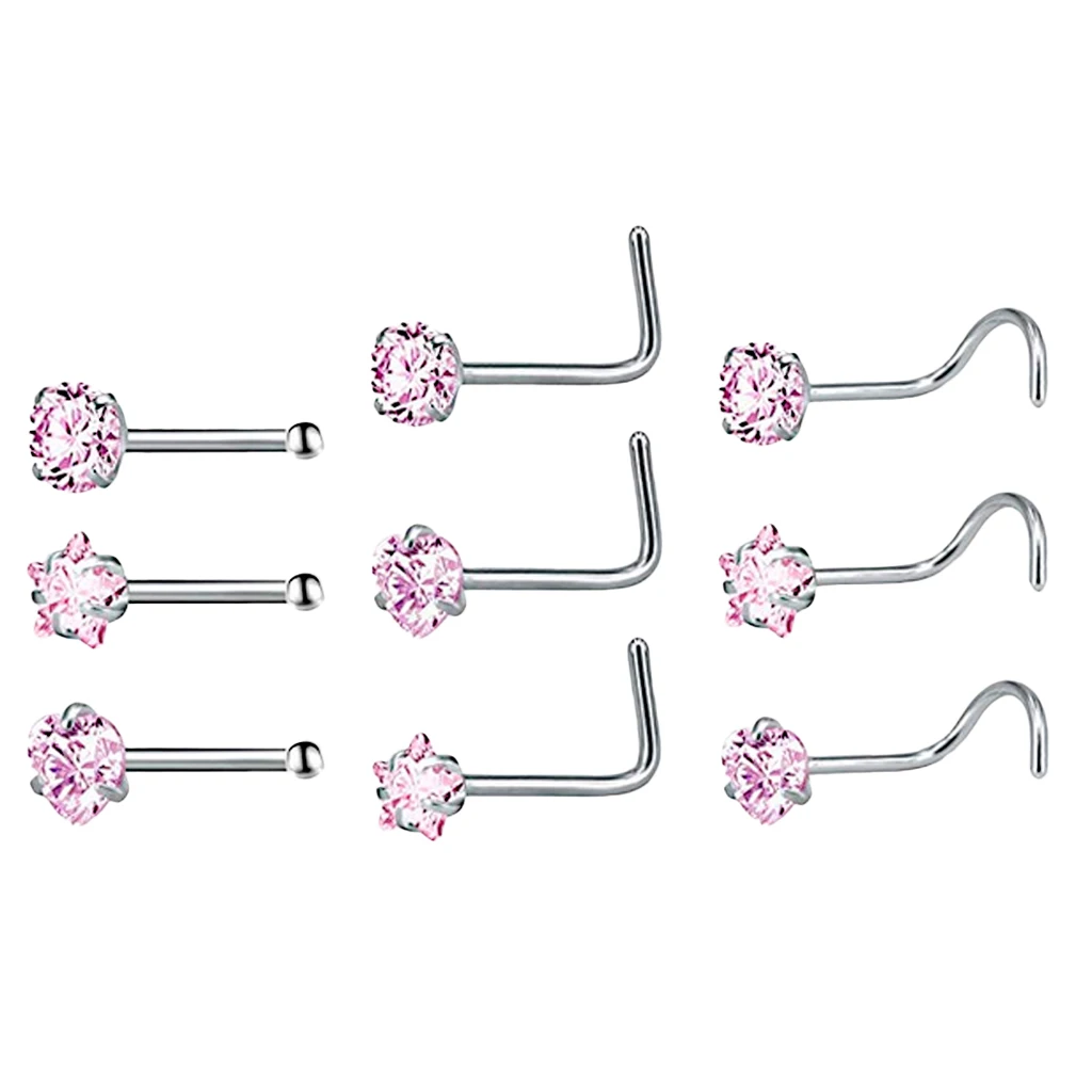 MagiDeal 9 Pieces Stainless Steel Zircon Crystal Screw Curved Nose Ring Studs Ear Body Piercing Jewelry 20G