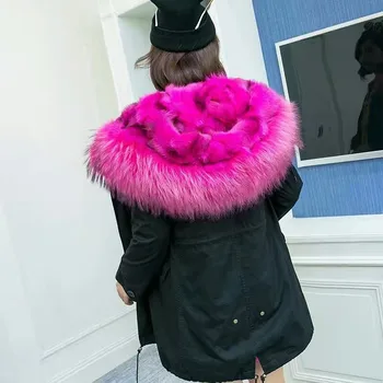 

High Quality Pink big raccoon fur collar outwear thick FOX leg fur inside jacket women winter real fur hooded coat