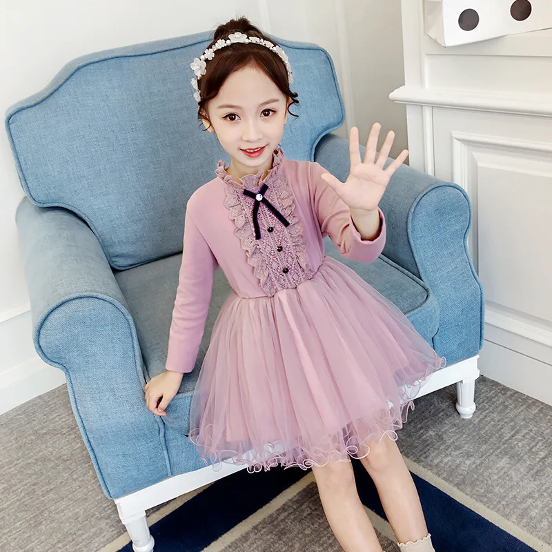 

Girls Autumn Dress New Princess Dresses Lace Bow Round Neck Long Sleeve Mesh Costume Children Solid Party Tutu Vestido Clothes