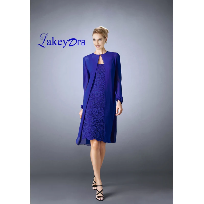 

Lakeydra Royal Blue Mother of the Bride Dresses Lace with Chiffon Jacket Knee-Length Plus Size Party Gowns Robe de Soiree