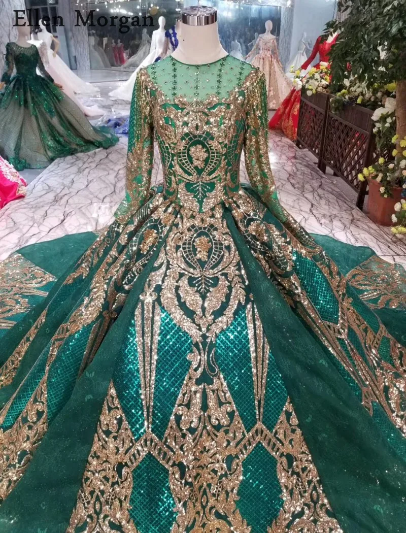 Красочные темно-зеленый кружевное бальное Свадебные платья 2019 Золотые Кружева Вышивка корсет с кристаллами Свадебное платье Элегантное