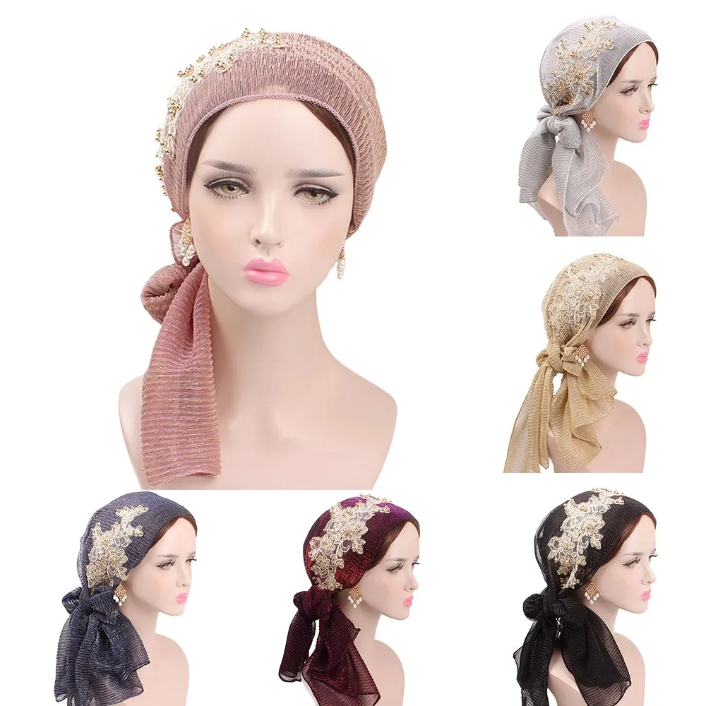 

Women Silk Floral Pearl Muslim Hat Stretch Retro Turban Hat Head Scarf Wrap Cap Cost-effective hat