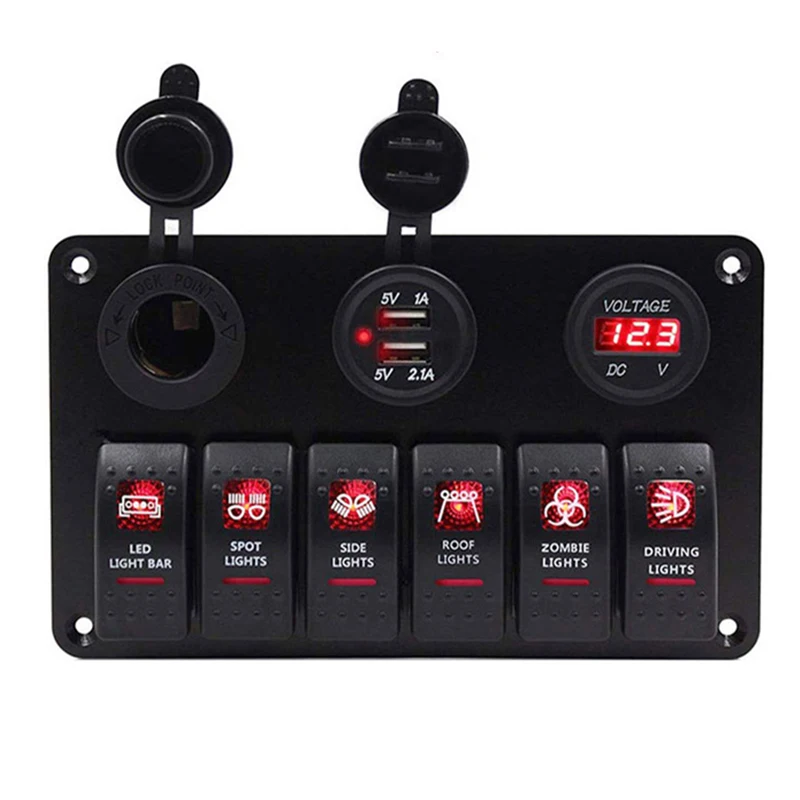 

5V Dual USB Socket Charger Digital Voltmeter 12V Cigarette Lighter Blue LED 6 Gang Boat Rocker Switch Panel Fuse for Car Truck