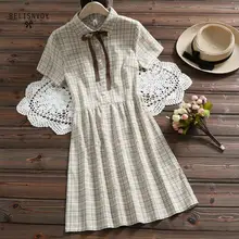 Estilo japonés de verano a cuadros vestido Vintage Mori chica de manga corta de algodón de lino Vestidos elegantes dulces Bowknot Femininos Vestidos