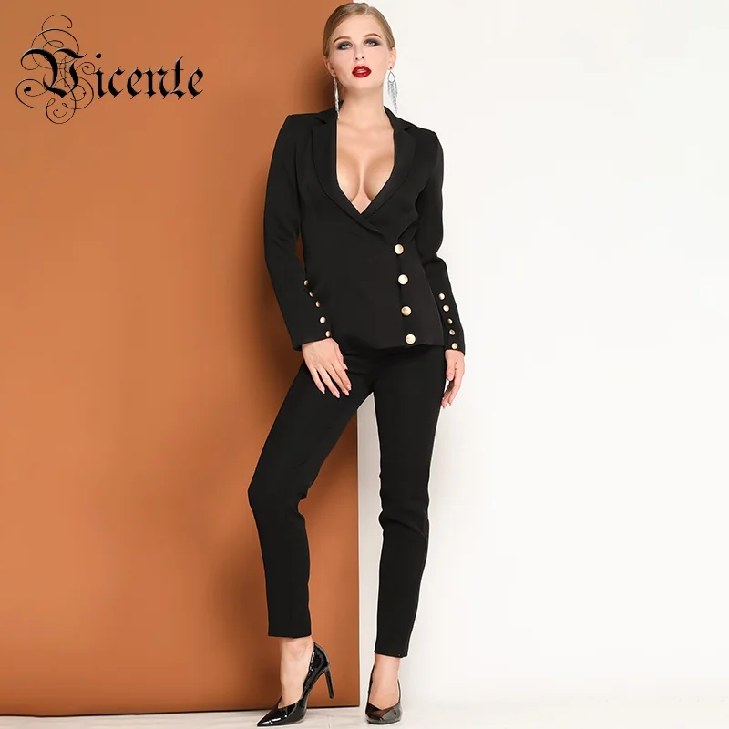 

Vicente HOT Chic Business Suit Button Design Sexy Turn-down Collar Long Sleeves Two Pieces Casual Wear Women Black Suit