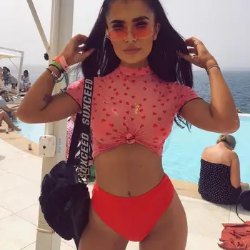 

Bikini Set 2019 New women 3pcs Set Mesh Heart brazilian swimsuit female T-shirt Beach High Waist bikini sexy Knot Top Swimming