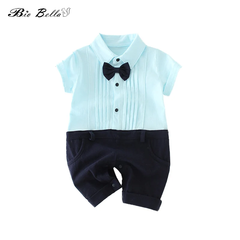 Baby Summer Clothes Casual Gentleman Kids Romper Baby Boy Striped Short Sleeve Gentle Outfits Bow Tie Party Clothes