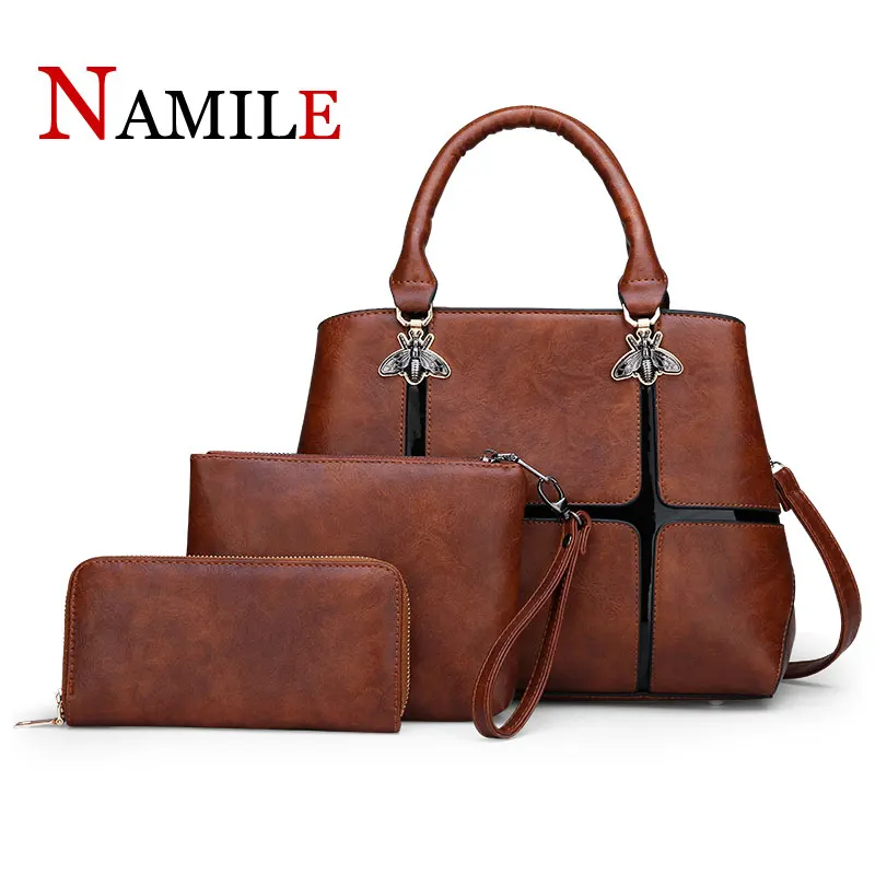 

Women's 3Pcs Handbag Set Chic All Match Vintage Solid Color Versatile Zipper Bags Se