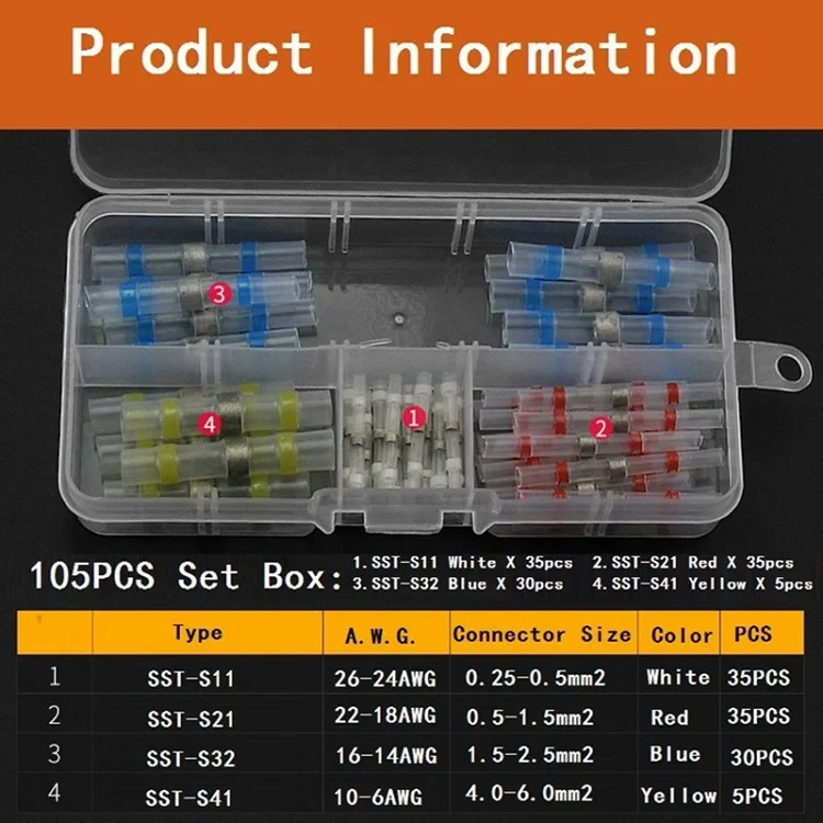 50 шт. 105 шт. водонепроницаемый термоусадочный стыковый провод соединители припой рукав кабель провода клеммы - Цвет: 105pcs Set Box