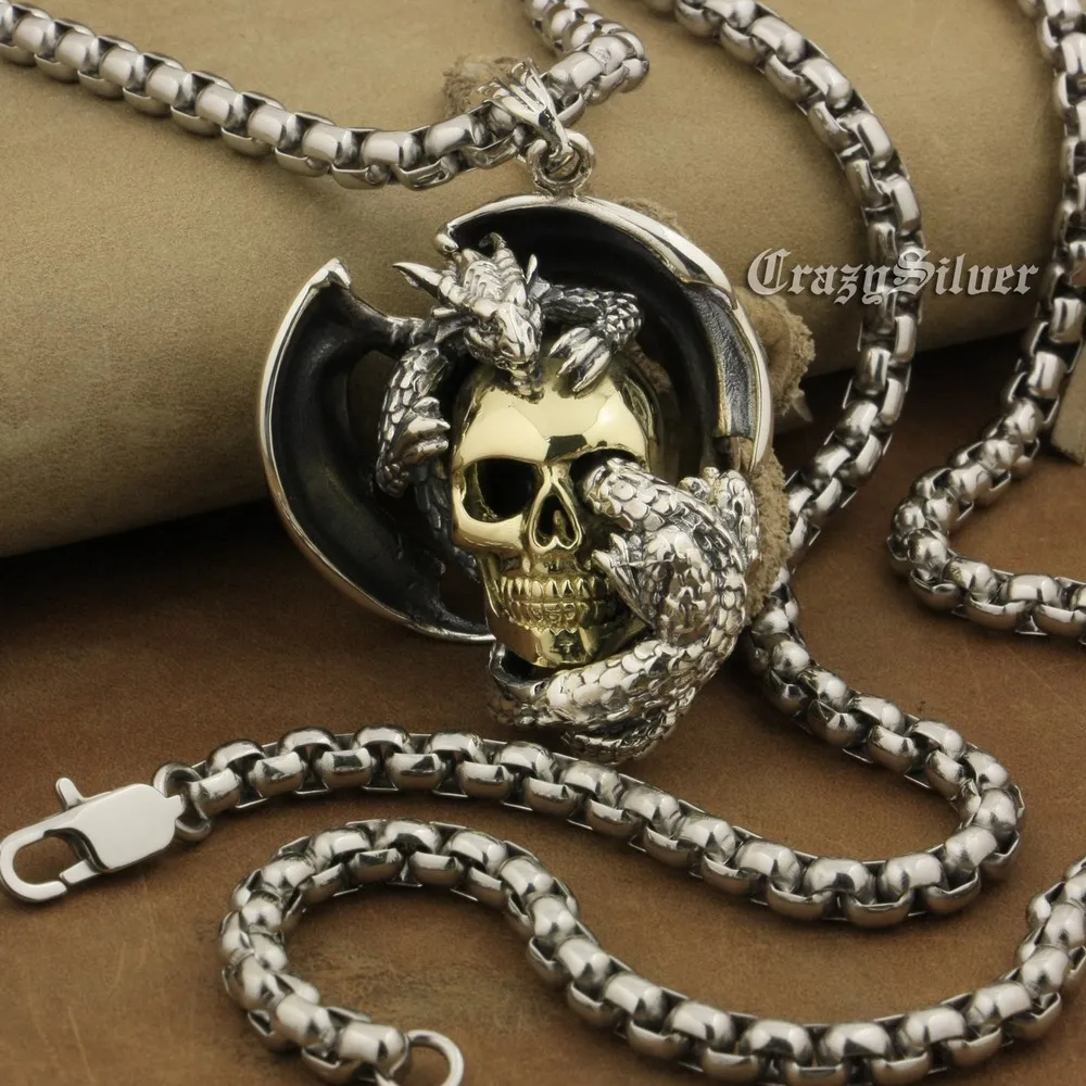 Mens Gothic Punk Silver Skull Cross Spear Pendant Necklace