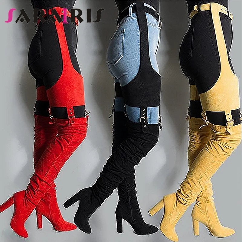 

SARAIRIS Rihanna Flock High Boots Winter Over Knee Fashion Heeled Boots Strap Solid Pointed Toe Square Heel Zip Rubber Boots