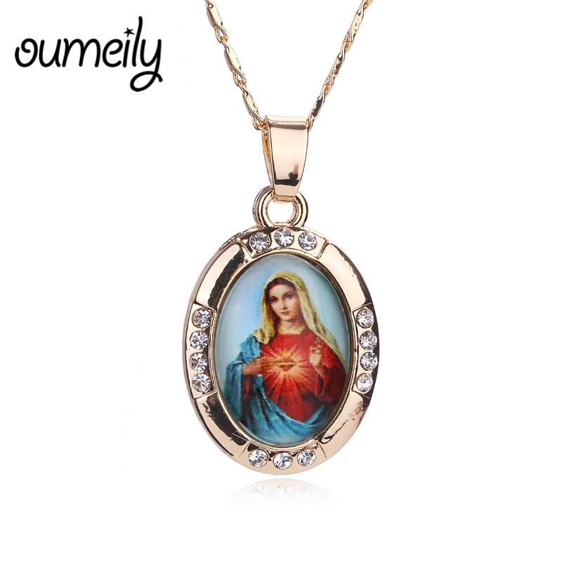 

OUMEILY Virgin Mary Necklace Women Men Gold Color Long Necklaces Pendants Fashion Religious Jewelry Vintage Statement Necklace