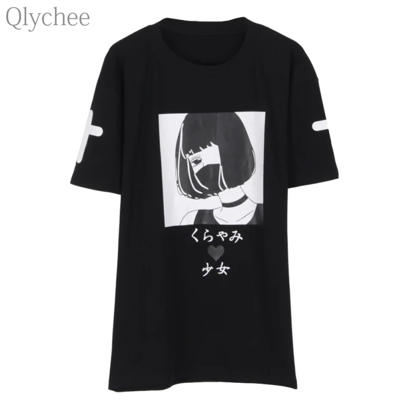 

Qlychee Dark Girl Japanese Print T shirt Summer Women Harajuku T-shirt Short Sleeve Casual Loose Tee Top
