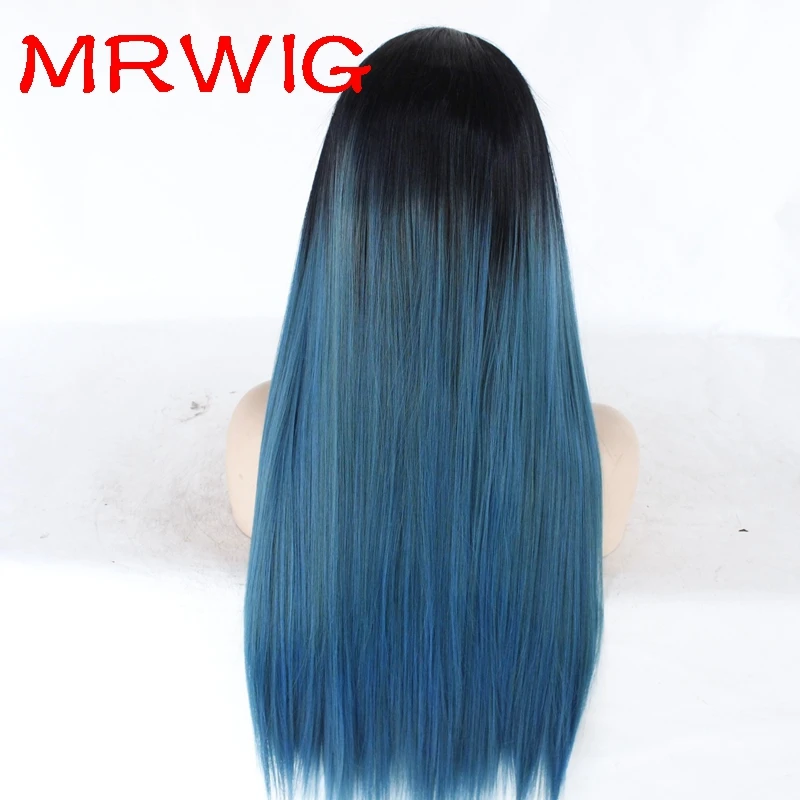 MRWIG 26in 150%Denstiy 8in Black Hair Color 1b# Black Ombre Mixed-Blue Color Free Part Synthetic Glueless Lace Wig