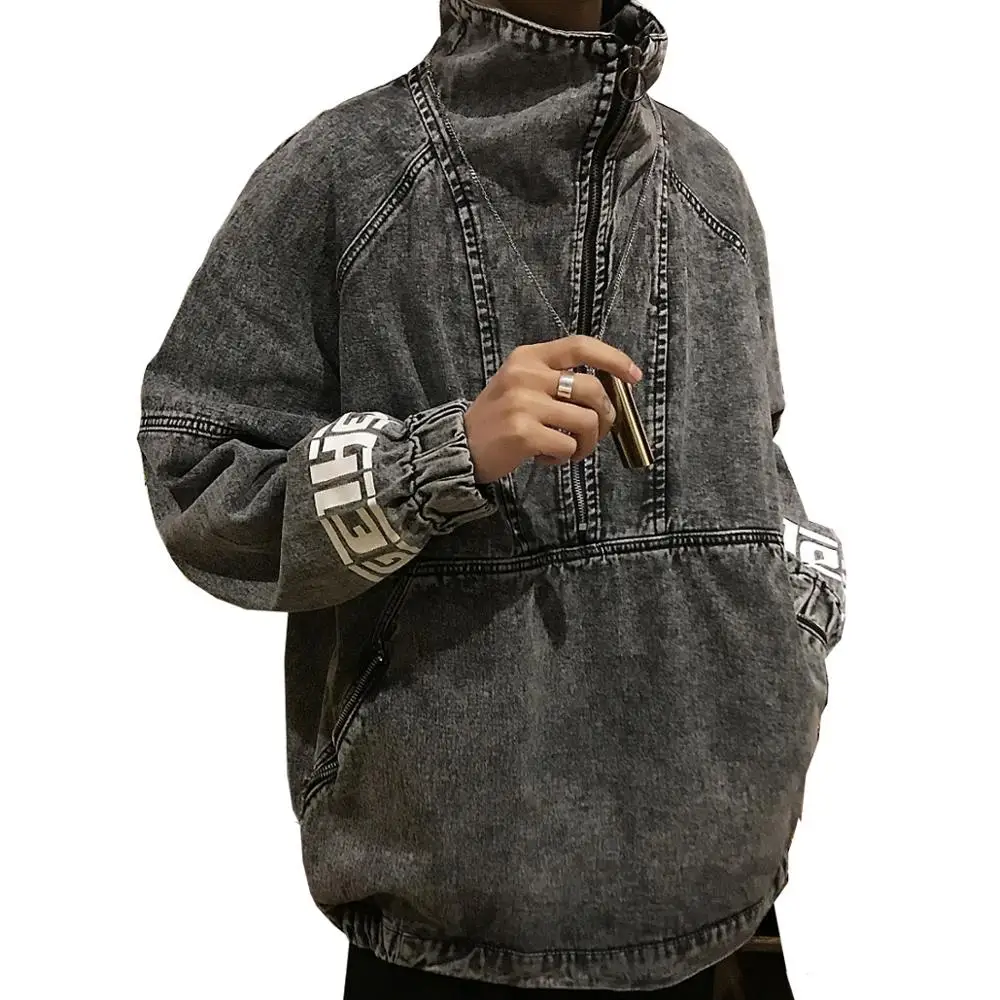 

Spring Letter Pattern Personality Printing Stand Collar Zipper Cowboy Jacket Men Pullover Loose Denim Coat Clothes M-XL