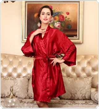 

Plus Size Red Women's Kimono Bath Robe Gown Female Faux Silk Yukata Sleepwear Nightgown Sleepshirts Mujer Pijama Ftg01