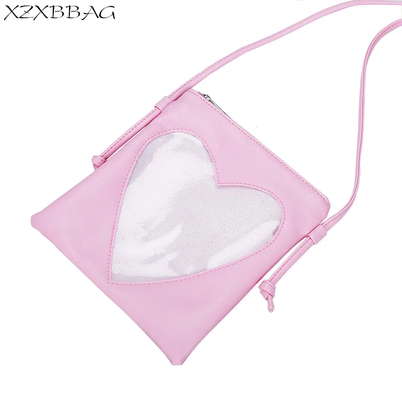 XZXBBAG Cute Transparent Love Heart Shape Ita font b Bag b font PU Leather Messenger font