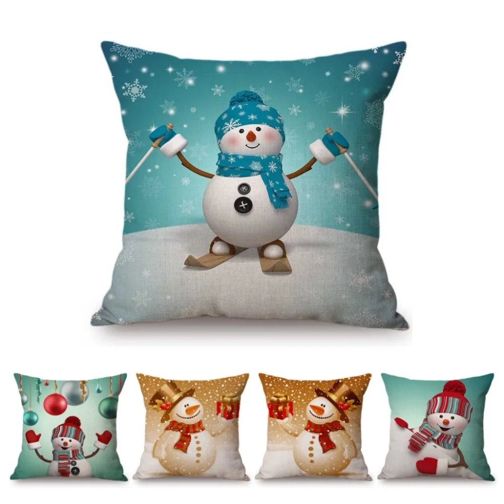 

Lovely Cartoon Snowman Winter Christmas Decoration Sofa Cushion Cover Cotton Linen Xmas Santa Claus Reindeer Chair Pillow Case