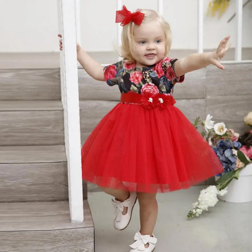 1PC Red Baby Girl Clothes Dress Little Girl Dress Rose Flowers Printed