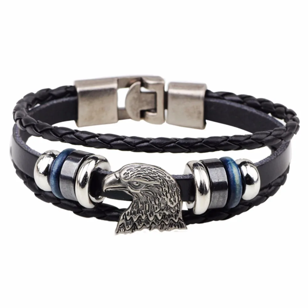 

Druzy Cool Men Women Punk Genuine Leather Wrap Bracelet Hawk Charm Fashion Black Brown Rope Eagle Head Charm Bracelet Wristband