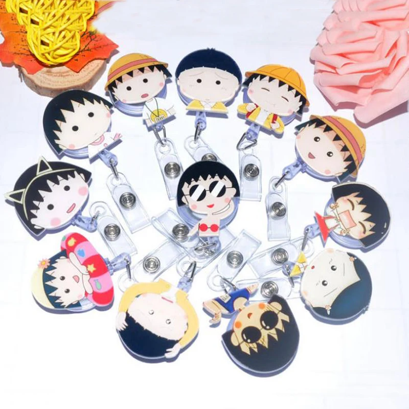 

1 Pcs Cute Japanese Girl Chibi Maruko Retractable Badge Reel Pull Key Name Card ID Badge Holder Buckle Stationery Card Holders