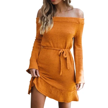 

Off Shoulder Knitted Sweater Dress Womens Autumn Winter Long Sleeve Pullover Ladies Slash Neck Casual Warm Mini Dress 7Q1838
