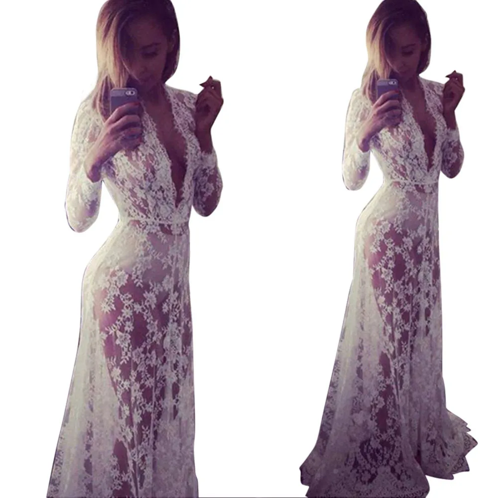 

Hot Vintage MUQGEW Plus Size Sexy Perspective White Dresses Women Deep V Boho Long Maxi Evening Party Lace Dress Beach Dress