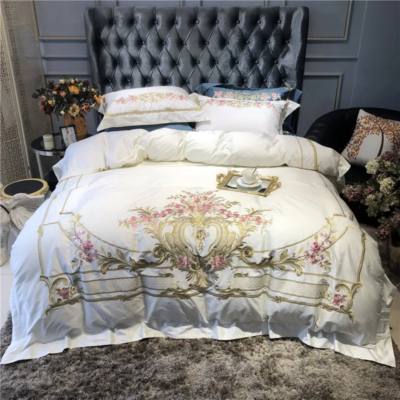 Perfect Champagne Blue White Luxury Royal Embroidery 100S Egyptian Cotton Palace Bedding Set Duvet Cover Bed sheet/Linen Pillowcases 57