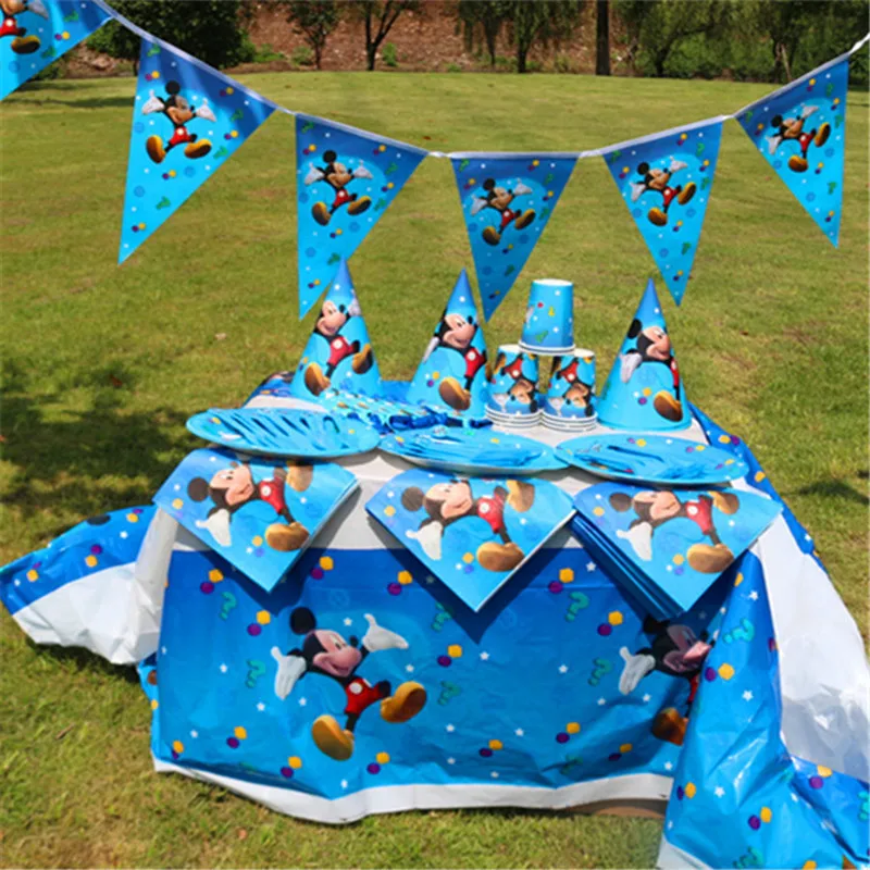 Микки Минни дети день рождения набор украшения вечерние принадлежности бумажные кружки, тарелки, салфетки баннер/флаг шляпа соломы конфеты/попкорн коробка