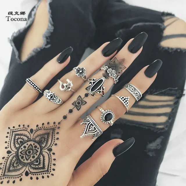 Tocona 10pcs/Set Bohemia Antique Silver Crown Star Moon Flower Carved Rings Sets Tocona 10pcs/Set Bohemia Antique Silver Crown Star Moon Flower Carved Rings Sets