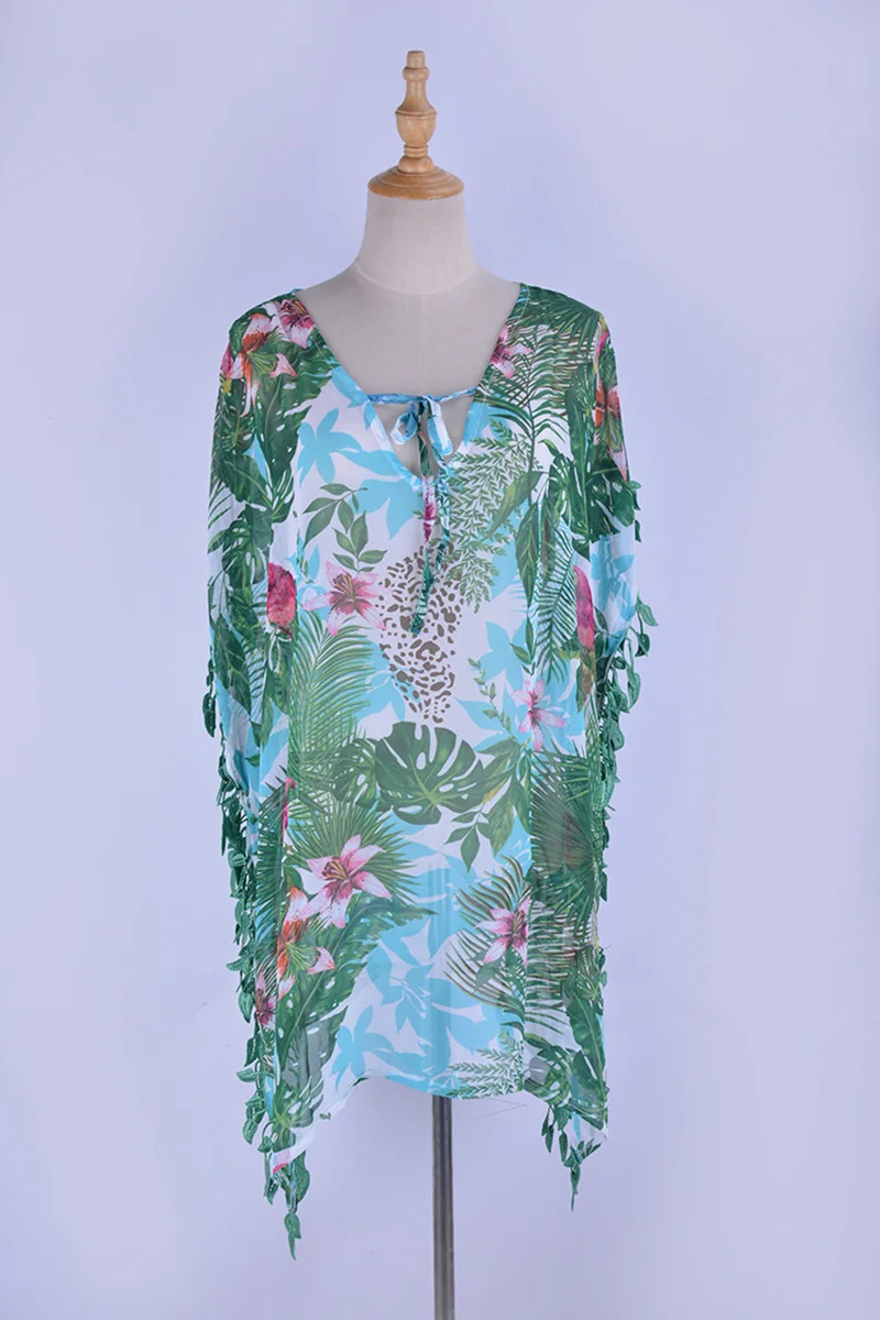 Пляжное шифоновое платье-парео для купальников в стиле тропического леса с бахромой, прямые платья с рукавами летучая мышь, Летняя распродажа