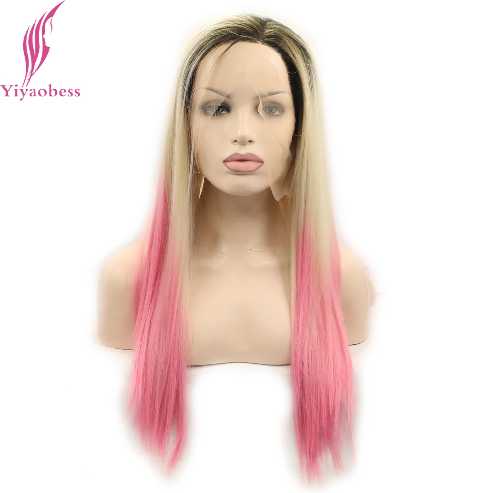 Yiyaobess Natural Dark Roots Blonde Pink Ombre Lace Front Wig Synthetic