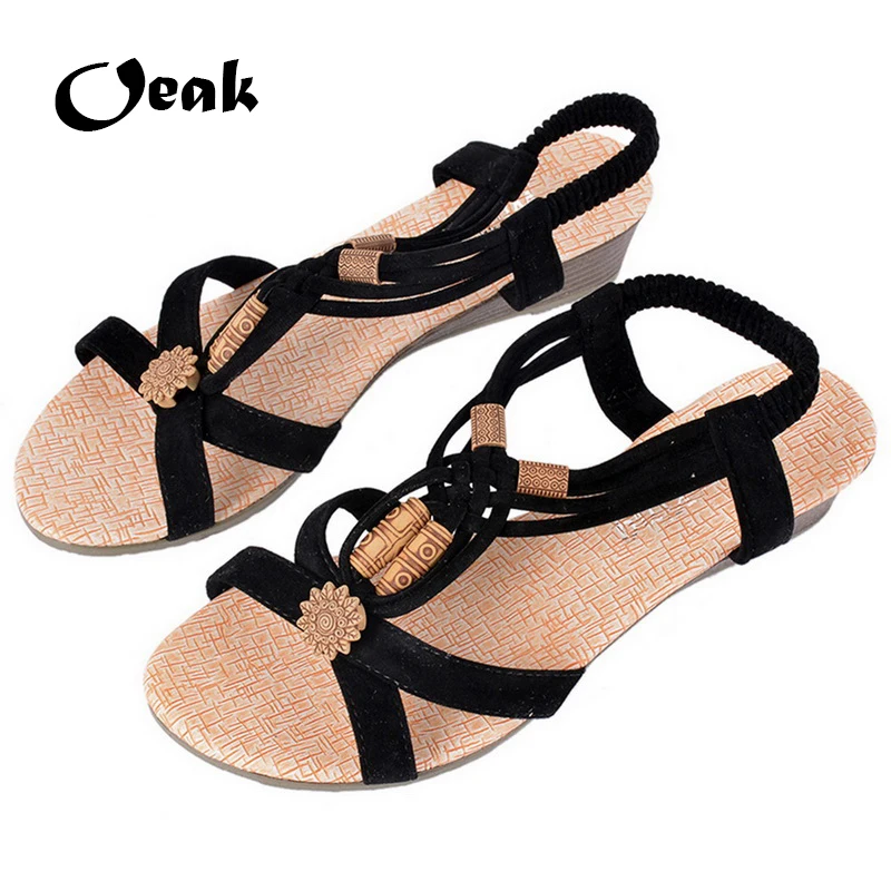 

Oeak Boho Retro Beads Women Sandals Elastic Band Sandals Shoes Peep-toe Low Shoes Roman Ladies Flip Flops Sandals ummer Shoes