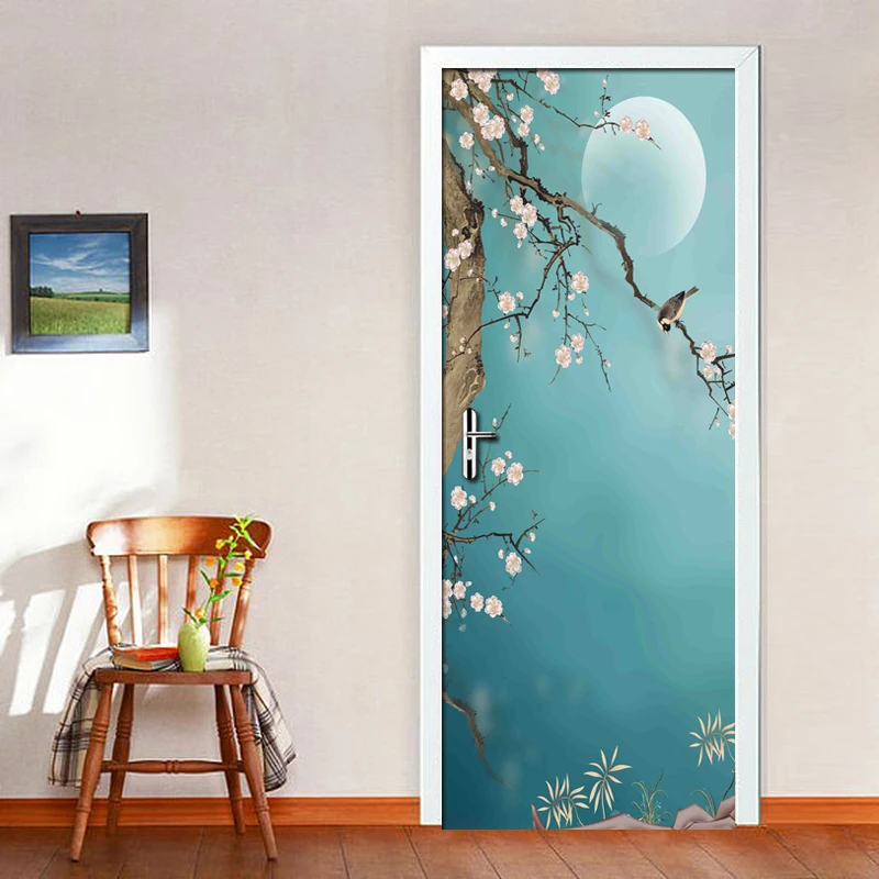 ПВХ водонепроницаемые самоклеющиеся 3D наклейки на дверь гостиная спальня домашний декор для дверей ручная роспись Слива птица Фреска двери обои
