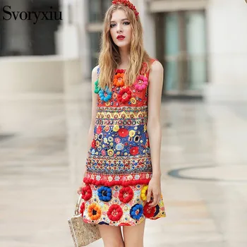 

2017 Runway Designer New Spring Autumn Tank Dress Women's High Quality 3D Floral Diamonds Print Vintage Loose Mini Dress