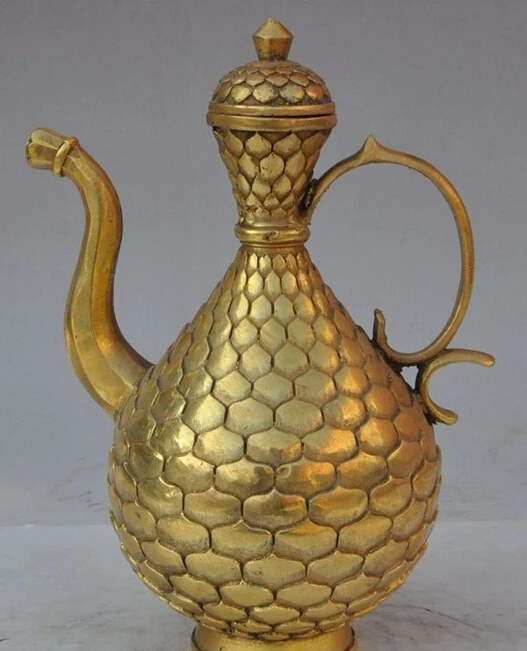 

9" marked chinese pure brass copper lotus Wine Tea Pot Flagon TeaPot Hip flask
