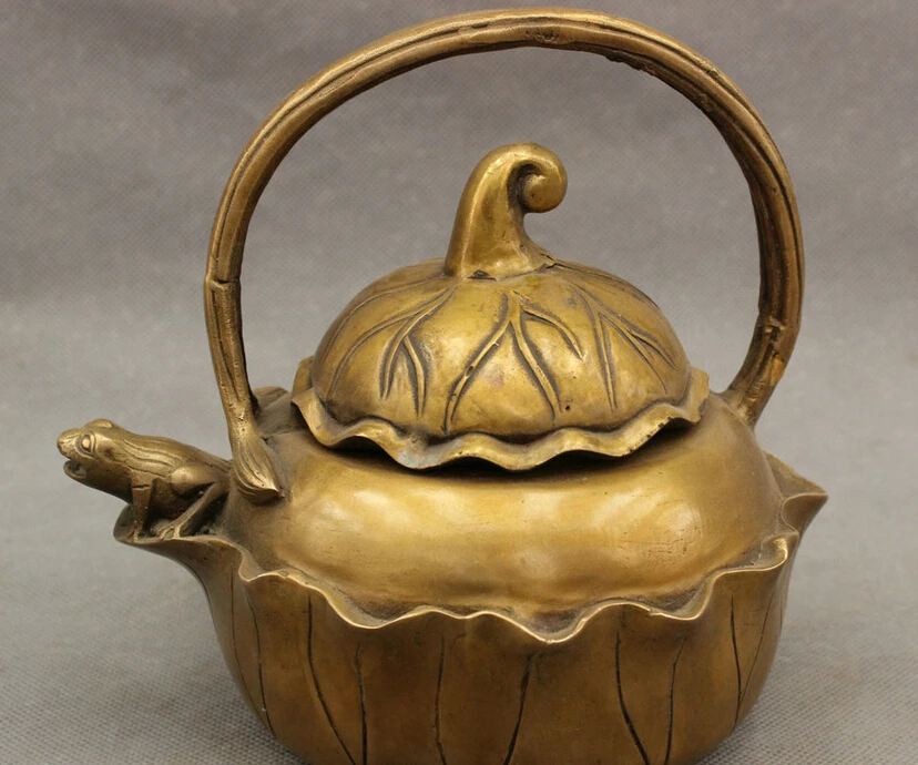 

S3901 China Chinese Bronze Folk Jump Statue Lotus Claret Jug Teapot Wine Pot Flagon D0317
