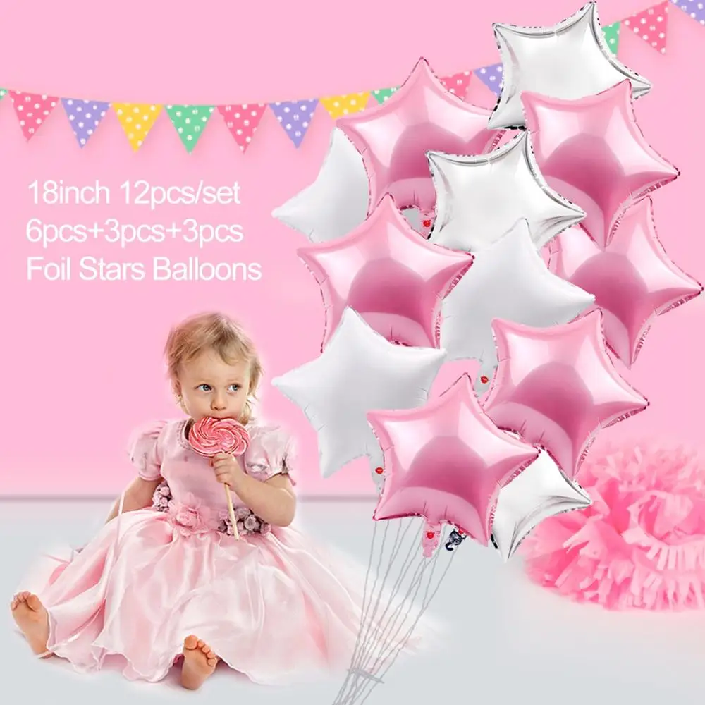 QIFU 17 шт фольгированные шары на день рождения воздушный Синий Мальчик номер воздушный шар Гелиевый шар цифры воздушные шары для дня рождения вечерние украшения Дети - Цвет: 12pcs Pink Star