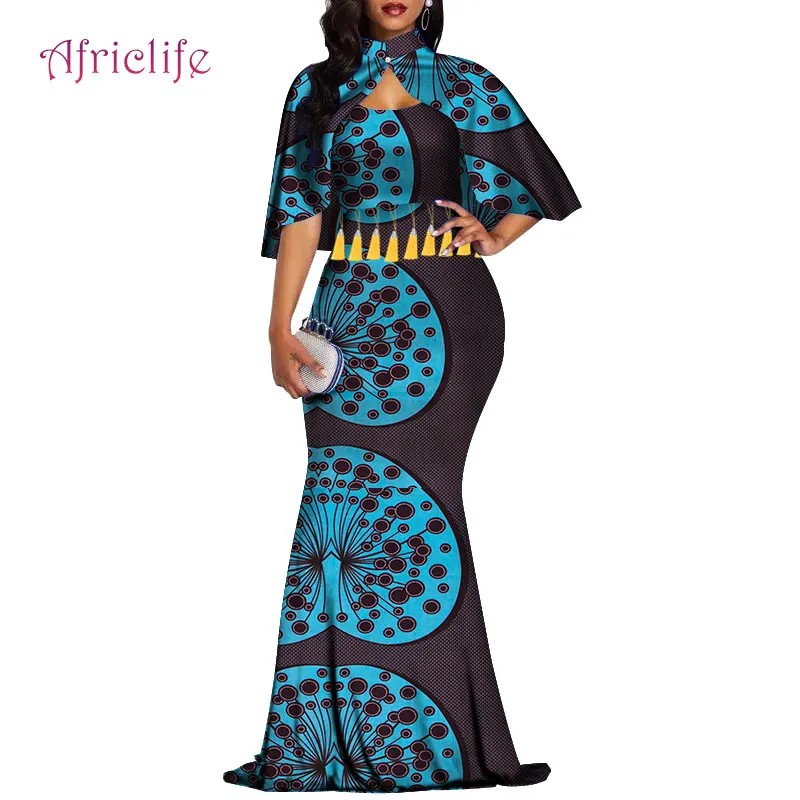 Дашики Африканский принт одежда для женщин длинное платье и накидка 2 шт. хлопок Базен Riche батик модная Дамская одежда WY4394