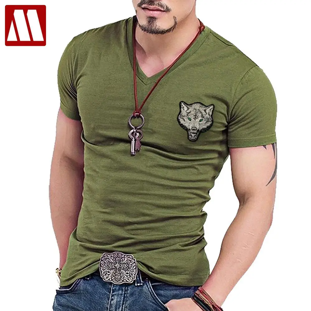 

New Casual Men's Wolf T-shirts 2019 V Neck Short Sleeve Cotton embroidery Animal T shirt Men Tee Shirts Homme Camisetas Hombre