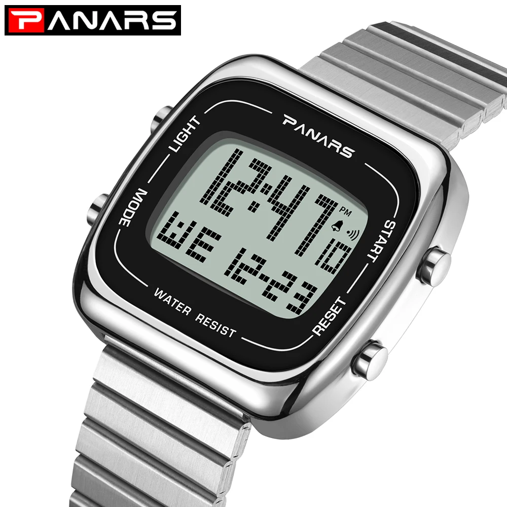 PANARS Sports Digital Watches Men Business Square Retro Waterproof Count Down Timer Digital Stopwatch Clock g Watch Shock Gold