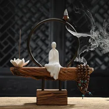 Творческий краткое белый керамический монах лотоса палочка и задний поток благовония горелки деревянная база домашнего искусства декоративные украшения подарок другу