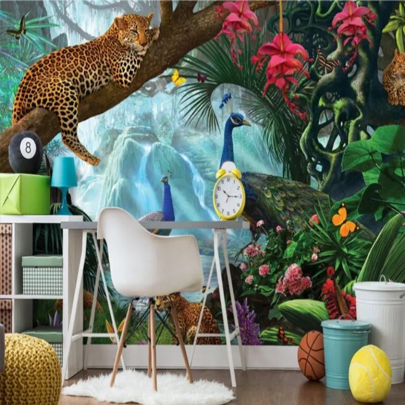 

Beibehang Large Art 3D Forest Waterfall Wallpaper Tree branches Leopard Kids Room TV Background Wallpaper Mural papel de parede