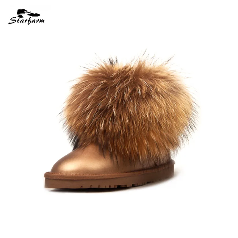 STARFARM Real Fox Fur Ankle Boots Genuine Leather Women